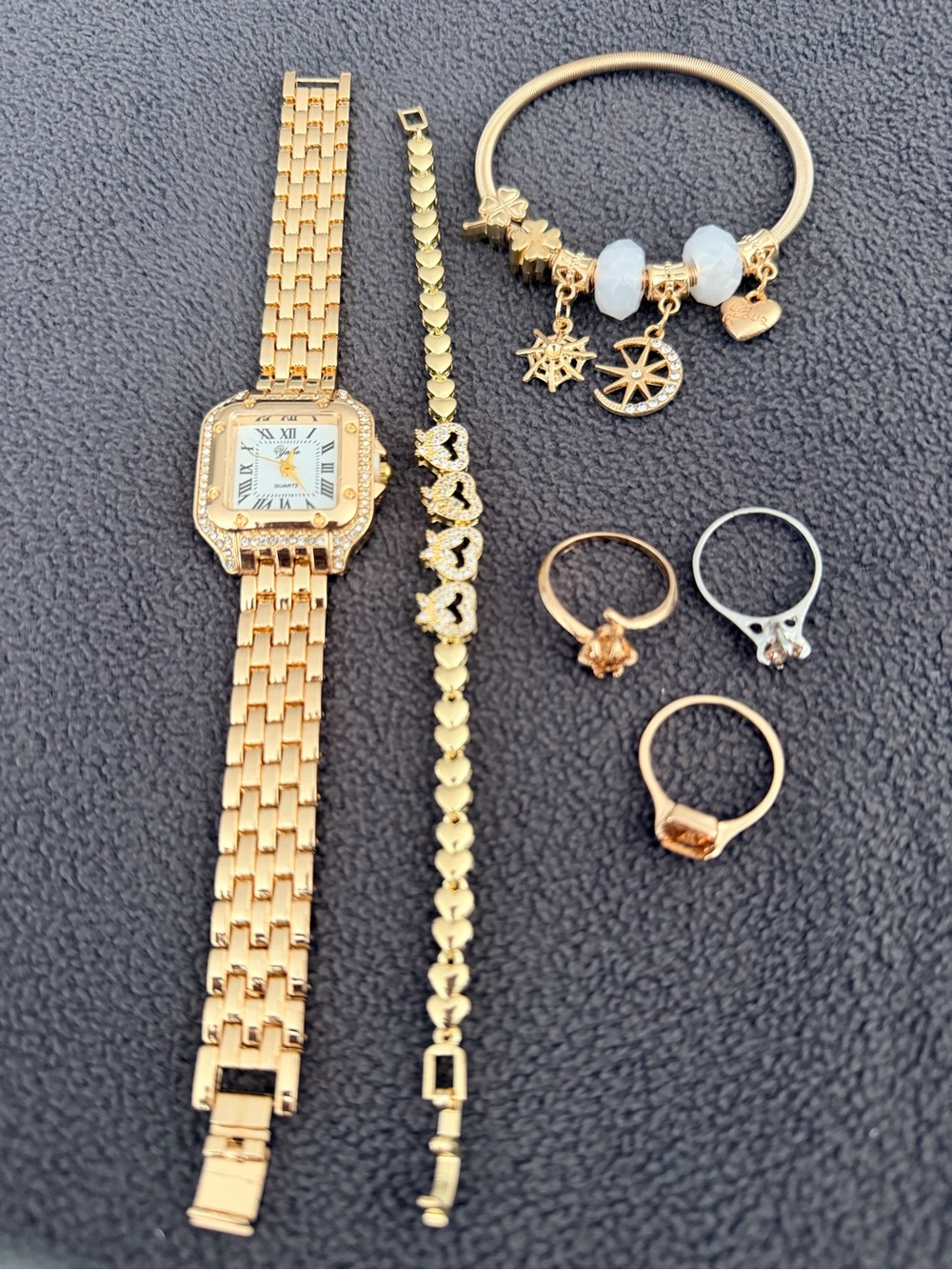 Gold-Tone Women's Bracelet Watch and Charm Jewelry Set